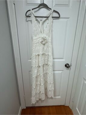 Elegant White Cotton Tiered Maxi Dress with Floral Waist Detail